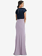 Rear View Thumbnail - Lilac Haze & Midnight Navy Soft Bow Blouson Bodice Trumpet Gown