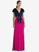 Front View Thumbnail - Think Pink & Midnight Navy Soft Bow Blouson Bodice Trumpet Gown