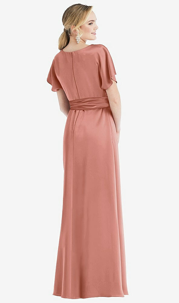 Back View - Desert Rose Cowl-Neck Kimono Sleeve Maxi Dress with Bowed Sash