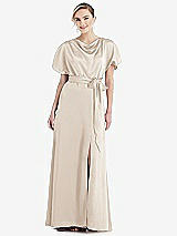 Side View Thumbnail - Oat Cowl-Neck Kimono Sleeve Maxi Dress with Bowed Sash
