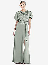 Side View Thumbnail - Willow Green Cowl-Neck Kimono Sleeve Maxi Dress with Bowed Sash