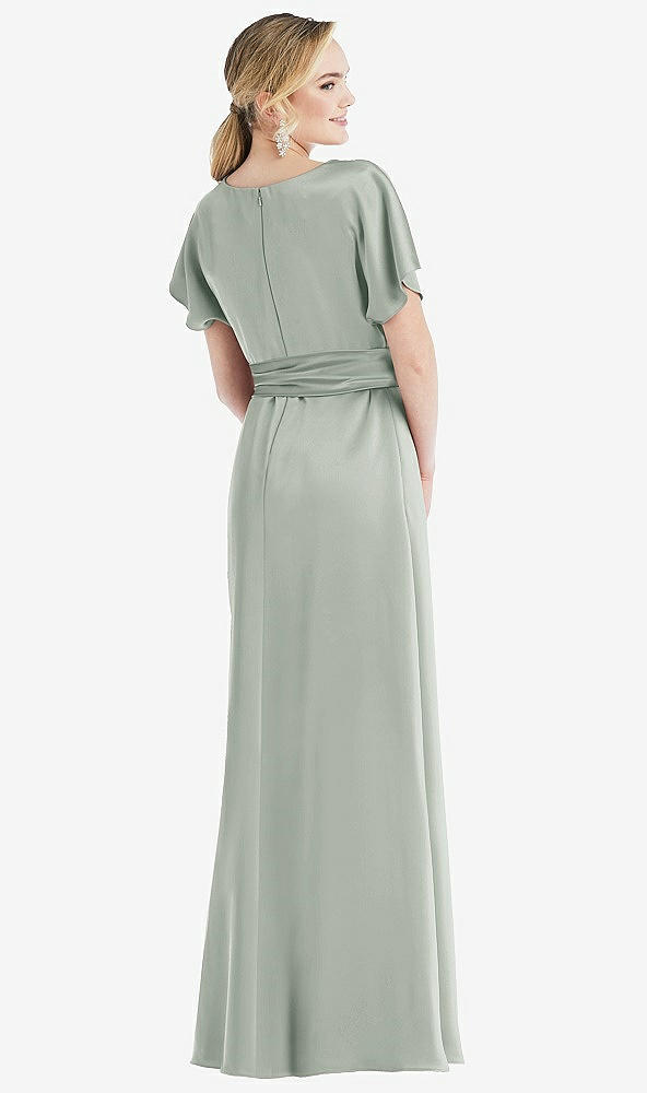 Back View - Willow Green Cowl-Neck Kimono Sleeve Maxi Dress with Bowed Sash