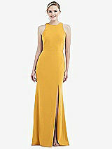 Rear View Thumbnail - NYC Yellow & Mist Cutout Open-Back Halter Maxi Dress with Scarf Tie