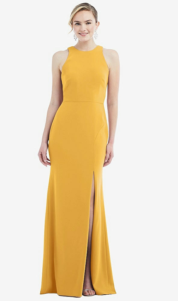Back View - NYC Yellow & Mist Cutout Open-Back Halter Maxi Dress with Scarf Tie