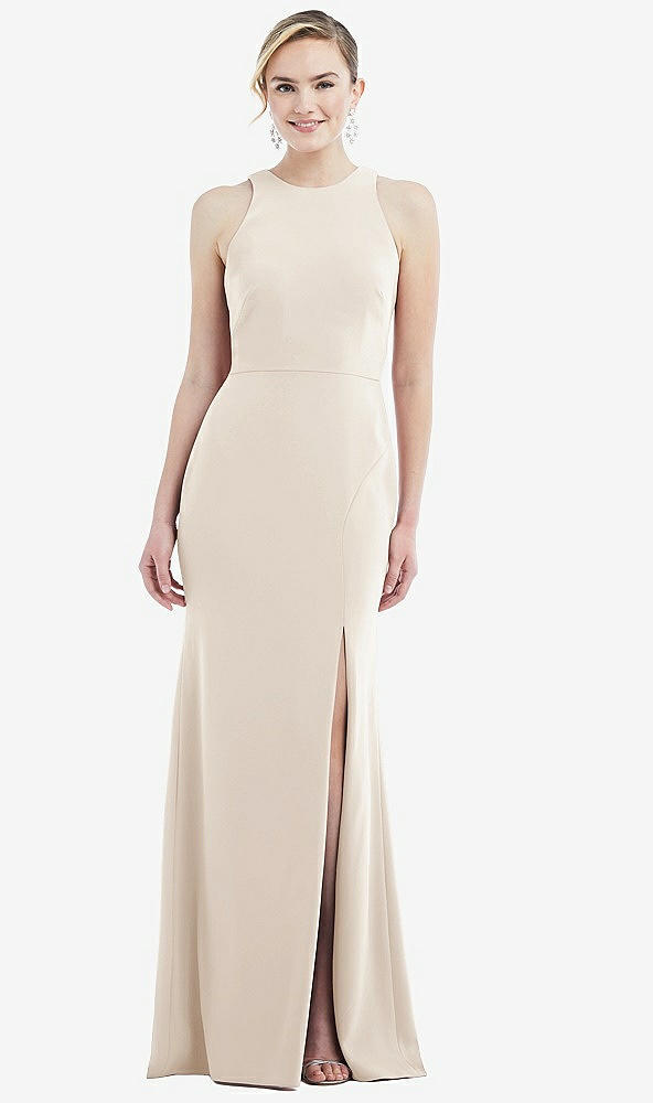 Back View - Oat & Mist Cutout Open-Back Halter Maxi Dress with Scarf Tie