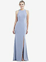 Rear View Thumbnail - Sky Blue & Mist Cutout Open-Back Halter Maxi Dress with Scarf Tie