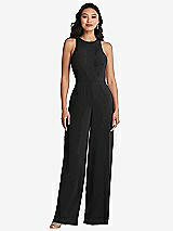 Rear View Thumbnail - Black & Cabernet Cutout Open-Back Halter Jumpsuit with Scarf Tie