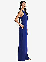 Side View Thumbnail - Cobalt Blue & Cabernet Cutout Open-Back Halter Jumpsuit with Scarf Tie