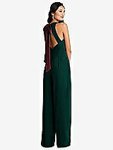 Front View Thumbnail - Evergreen & Cabernet Cutout Open-Back Halter Jumpsuit with Scarf Tie