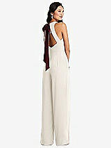Front View Thumbnail - Ivory & Cabernet Cutout Open-Back Halter Jumpsuit with Scarf Tie