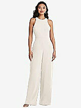 Rear View Thumbnail - Ivory & Cabernet Cutout Open-Back Halter Jumpsuit with Scarf Tie