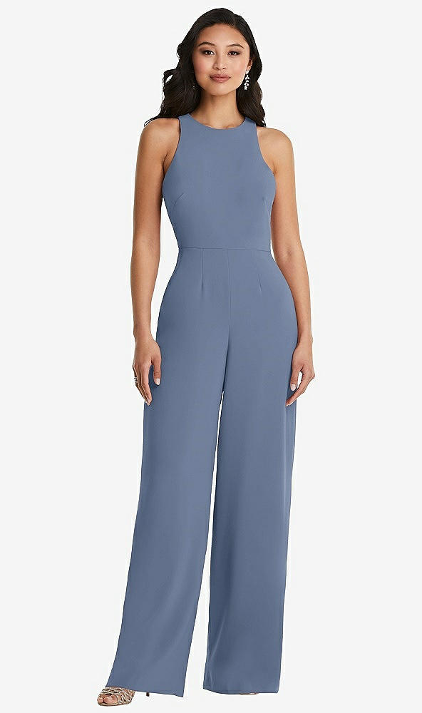 Back View - Larkspur Blue & Cabernet Cutout Open-Back Halter Jumpsuit with Scarf Tie