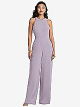 Rear View Thumbnail - Lilac Haze & Cabernet Cutout Open-Back Halter Jumpsuit with Scarf Tie