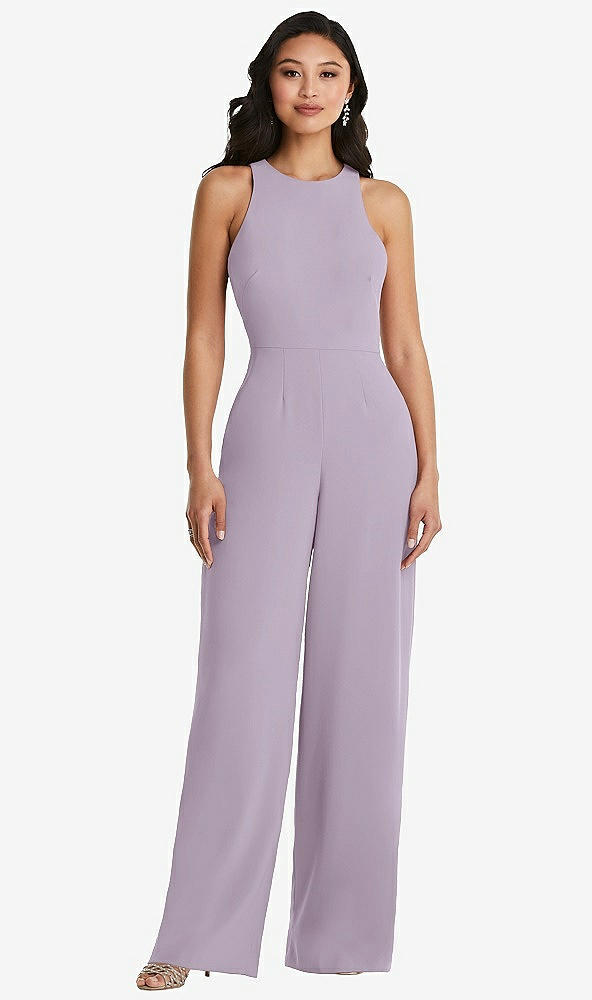 Back View - Lilac Haze & Cabernet Cutout Open-Back Halter Jumpsuit with Scarf Tie