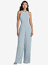 Rear View Thumbnail - Mist & Cabernet Cutout Open-Back Halter Jumpsuit with Scarf Tie