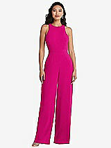 Rear View Thumbnail - Think Pink & Cabernet Cutout Open-Back Halter Jumpsuit with Scarf Tie