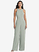 Rear View Thumbnail - Willow Green & Cabernet Cutout Open-Back Halter Jumpsuit with Scarf Tie