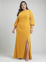 Alt View 1 Thumbnail - NYC Yellow & Evergreen Bishop Sleeve Open-Back Trumpet Gown with Scarf Tie