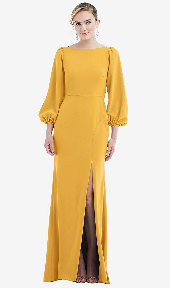 Back View - NYC Yellow & Evergreen Bishop Sleeve Open-Back Trumpet Gown with Scarf Tie