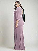 Alt View 2 Thumbnail - Suede Rose & Evergreen Bishop Sleeve Open-Back Trumpet Gown with Scarf Tie