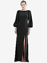Rear View Thumbnail - Black & Evergreen Bishop Sleeve Open-Back Trumpet Gown with Scarf Tie