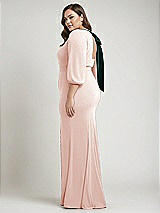 Alt View 2 Thumbnail - Blush & Evergreen Bishop Sleeve Open-Back Trumpet Gown with Scarf Tie