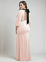 Alt View 3 Thumbnail - Blush & Evergreen Bishop Sleeve Open-Back Trumpet Gown with Scarf Tie