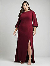 Alt View 1 Thumbnail - Burgundy & Evergreen Bishop Sleeve Open-Back Trumpet Gown with Scarf Tie