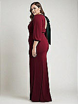 Alt View 2 Thumbnail - Burgundy & Evergreen Bishop Sleeve Open-Back Trumpet Gown with Scarf Tie