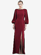 Rear View Thumbnail - Burgundy & Evergreen Bishop Sleeve Open-Back Trumpet Gown with Scarf Tie