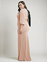 Alt View 2 Thumbnail - Cameo & Evergreen Bishop Sleeve Open-Back Trumpet Gown with Scarf Tie