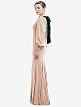 Side View Thumbnail - Cameo & Evergreen Bishop Sleeve Open-Back Trumpet Gown with Scarf Tie
