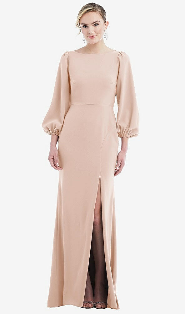 Back View - Cameo & Evergreen Bishop Sleeve Open-Back Trumpet Gown with Scarf Tie