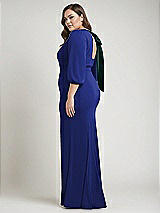 Alt View 2 Thumbnail - Cobalt Blue & Evergreen Bishop Sleeve Open-Back Trumpet Gown with Scarf Tie