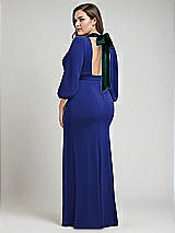Alt View 3 Thumbnail - Cobalt Blue & Evergreen Bishop Sleeve Open-Back Trumpet Gown with Scarf Tie