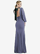 Front View Thumbnail - French Blue & Evergreen Bishop Sleeve Open-Back Trumpet Gown with Scarf Tie