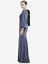 Side View Thumbnail - French Blue & Evergreen Bishop Sleeve Open-Back Trumpet Gown with Scarf Tie