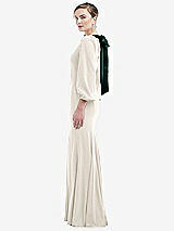Side View Thumbnail - Ivory & Evergreen Bishop Sleeve Open-Back Trumpet Gown with Scarf Tie