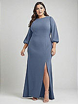Alt View 1 Thumbnail - Larkspur Blue & Evergreen Bishop Sleeve Open-Back Trumpet Gown with Scarf Tie