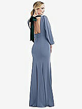 Front View Thumbnail - Larkspur Blue & Evergreen Bishop Sleeve Open-Back Trumpet Gown with Scarf Tie