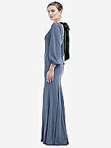 Side View Thumbnail - Larkspur Blue & Evergreen Bishop Sleeve Open-Back Trumpet Gown with Scarf Tie