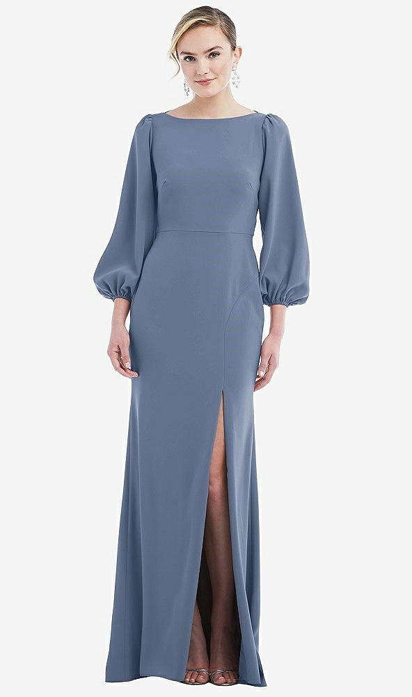 Back View - Larkspur Blue & Evergreen Bishop Sleeve Open-Back Trumpet Gown with Scarf Tie