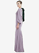 Side View Thumbnail - Lilac Haze & Evergreen Bishop Sleeve Open-Back Trumpet Gown with Scarf Tie