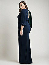 Alt View 2 Thumbnail - Midnight Navy & Evergreen Bishop Sleeve Open-Back Trumpet Gown with Scarf Tie