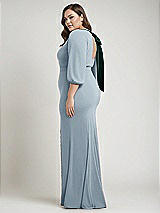 Alt View 2 Thumbnail - Mist & Evergreen Bishop Sleeve Open-Back Trumpet Gown with Scarf Tie