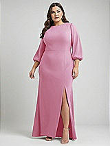 Alt View 1 Thumbnail - Powder Pink & Evergreen Bishop Sleeve Open-Back Trumpet Gown with Scarf Tie