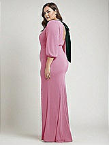 Alt View 2 Thumbnail - Powder Pink & Evergreen Bishop Sleeve Open-Back Trumpet Gown with Scarf Tie