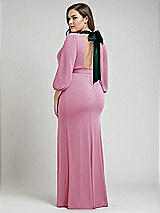 Alt View 3 Thumbnail - Powder Pink & Evergreen Bishop Sleeve Open-Back Trumpet Gown with Scarf Tie