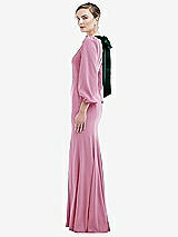 Side View Thumbnail - Powder Pink & Evergreen Bishop Sleeve Open-Back Trumpet Gown with Scarf Tie