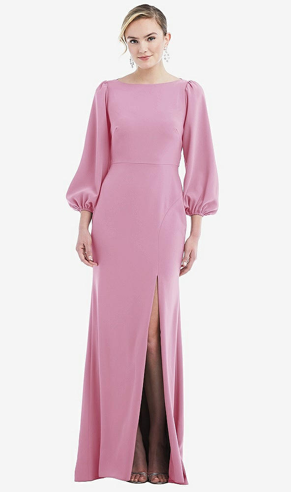 Back View - Powder Pink & Evergreen Bishop Sleeve Open-Back Trumpet Gown with Scarf Tie